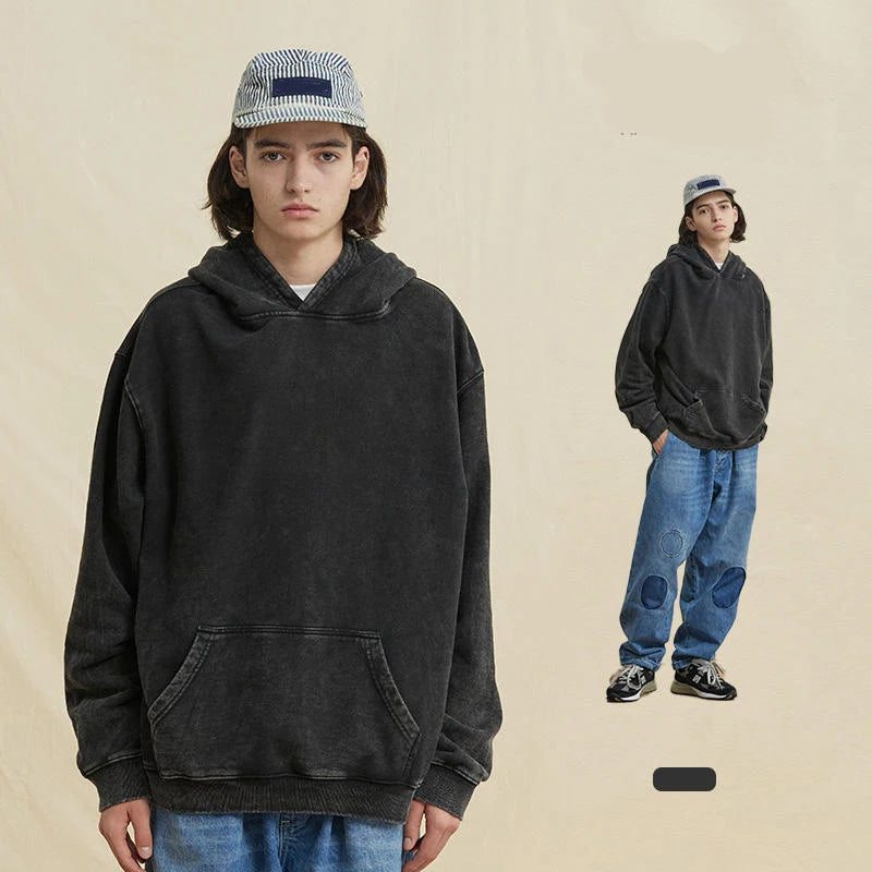 Vintage Oversized Sweatshirt 100% Cotton Terry Hoodie Heavyweight Acid Wash Winter Jacket With Unlined Solid Hooded Collar