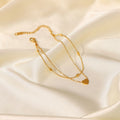 18K Gold Plated Stainless Steel Love Heart Pendant Oval Bead Chain Double Layer Daity Anklets