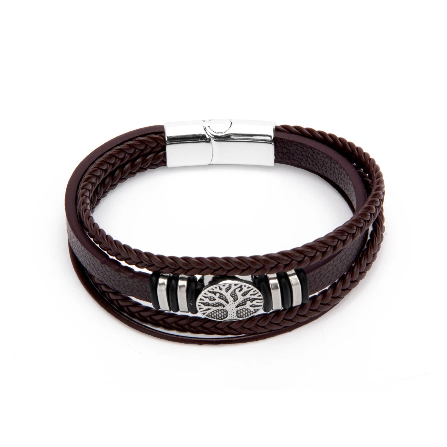 Daili Vintage Brown Double Woven Black Leather Bracelet for Men Silver Tree of Life Pendant with Magnetic Closure Jewelry