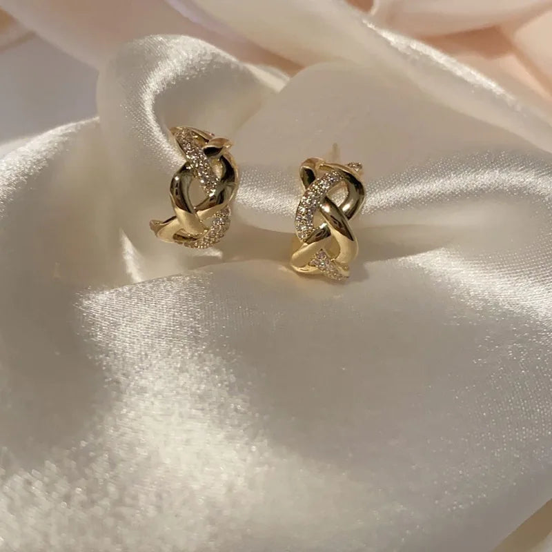 Senior Gold Huggie Earrings with Zircon Trendy Alloy Jewelry with Light Luxury Design Niche Sense Temperament