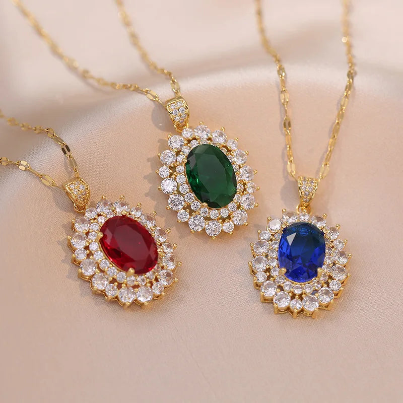 High-end Fashion Necklace Emerald Drop Diamonds Crystal Necklace Big Oval Zircon Pendant Necklace for Women
