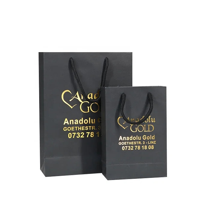 Wholesale Shopping Black Paper Bag Customized Logo Metallic Gold Paper Gift Bag