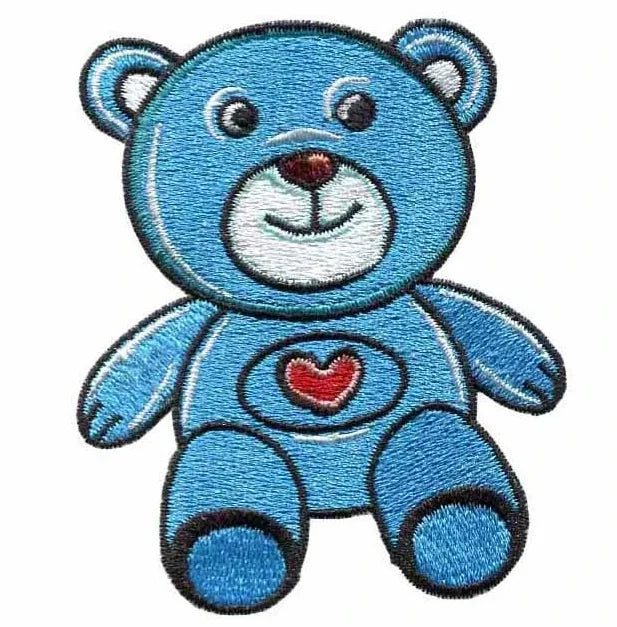Blue Cute Bear 2.3 Inch Wide Embroidered Patches 3D Fabric Polyester Iron-On for Clothes with Red Heart