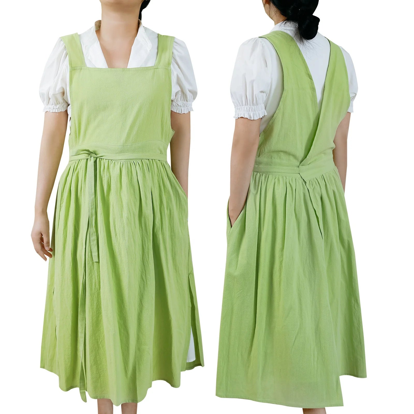 Japanese Style Versatile Double-Sided Cotton-Linen Cross Back Painting Cooking Garden Apron With Pockets