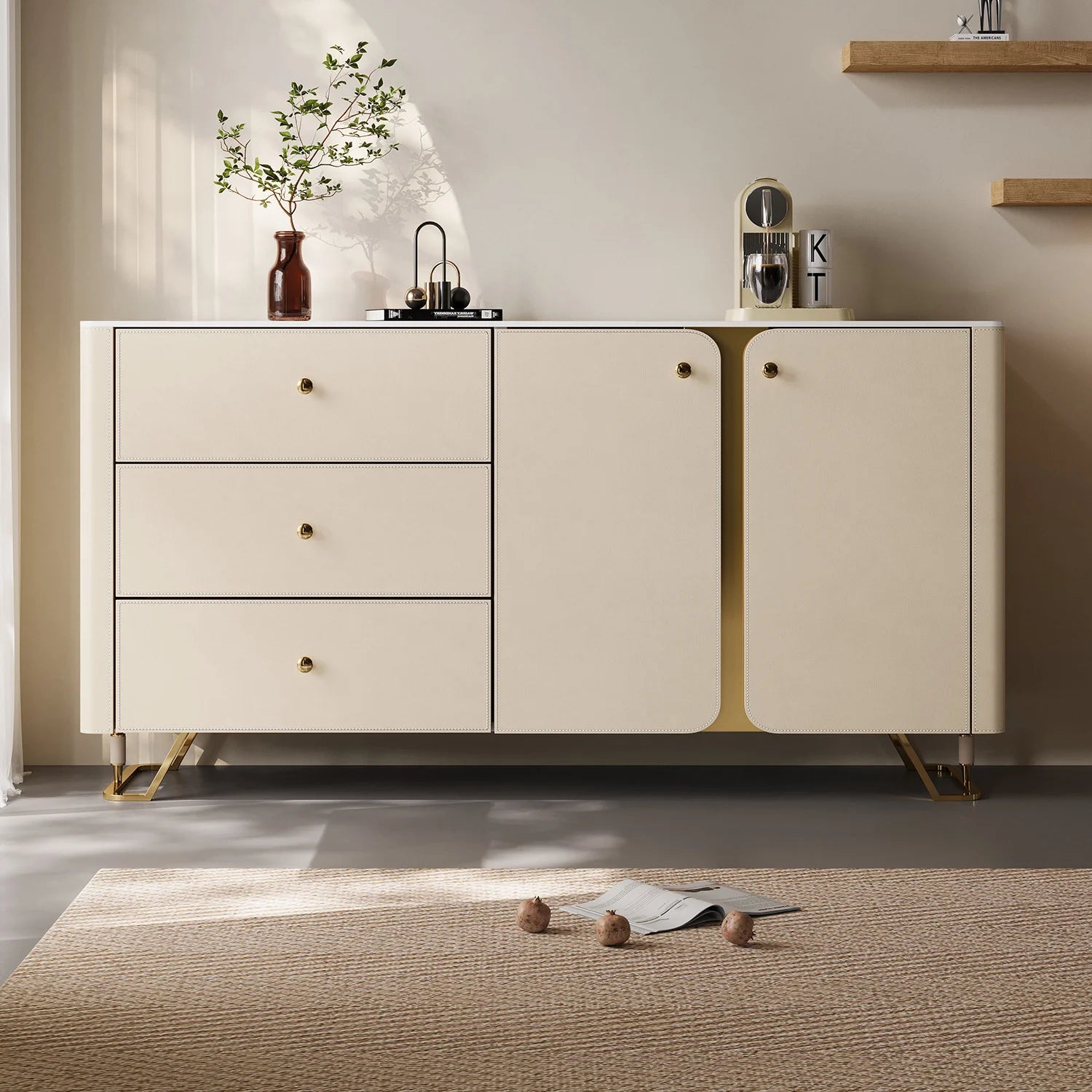 Modern Simple Saddle Leather Rock Board High Cabinet Solid Wood Sideboard Wall-Integrated Storage for Villa Entrance Living Room
