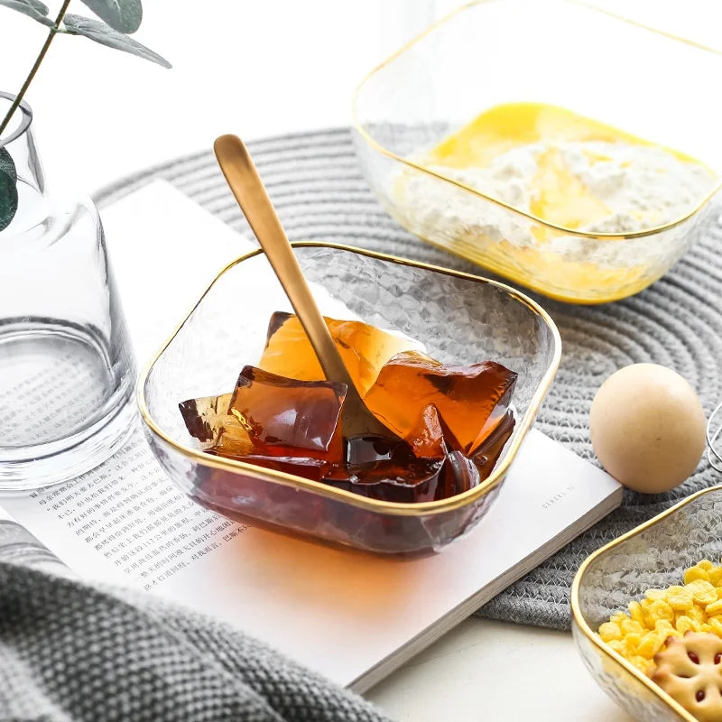 Nordic Light Luxury Wind Hammer Pattern Glass Western Food Bowl Salad Bowl Creative square Gold Rim Glass Bowl