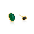 Chris April Asymmetry Design 316L Stainless Steel Pvd Gold Plated Water-proof Black&green Chalcedony Gemstone Stud Earrings