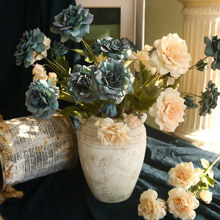 M408 Vintage Flores Artificiales Flower Decoration 5 Heads Dark Blue Artificial Flowers Silk Roses Artificial Wedding Flowers