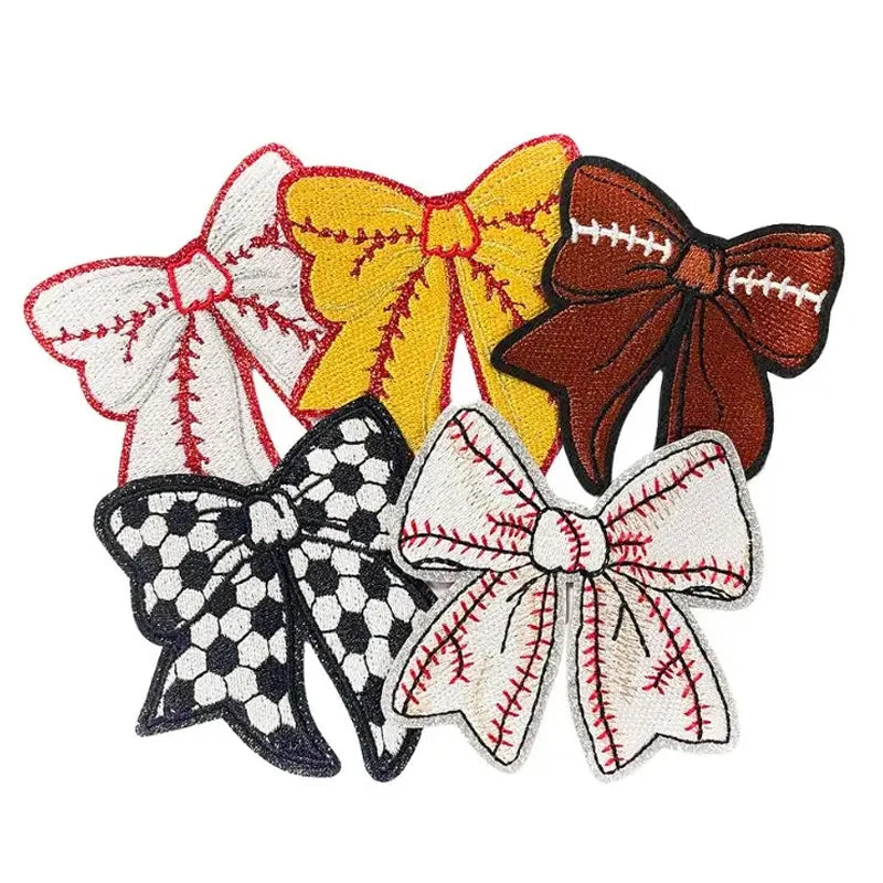 Wholesale Handmade Butterfly Side Bow Badges Baseball Games Days Ball Style Embroidered Glitter Iron-on Patches for Clothing DIY