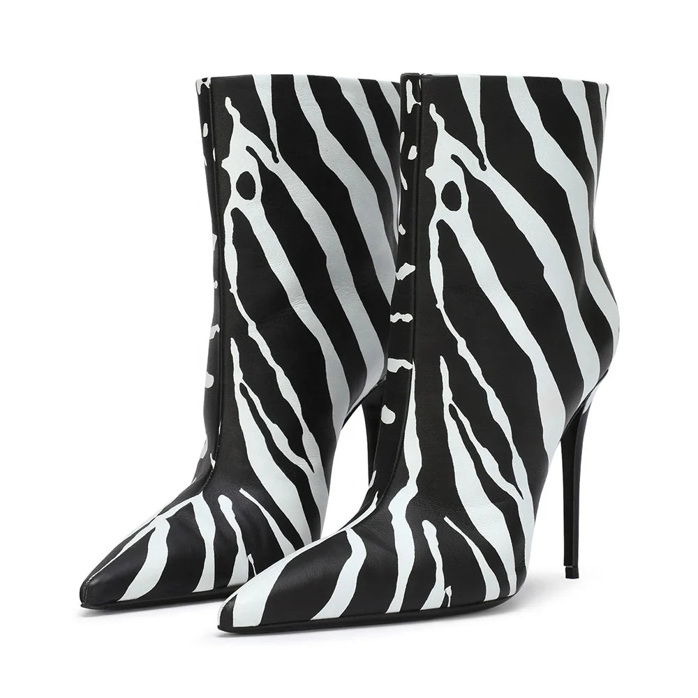 Trendy Zebra Stiletto Heels Pointed Toe Custom Designer High Heel Ladies Winter PU Leather Ankle Boots Women Shoes 2022