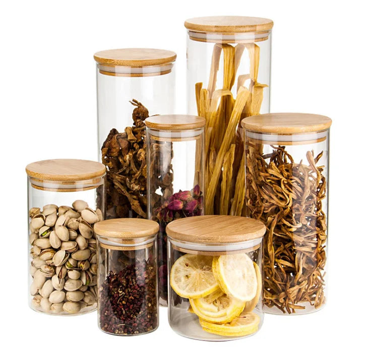 Round Wide Mouth Straight Kitchen Empty Tea Food Bamboo Lid Storage Glass Jars