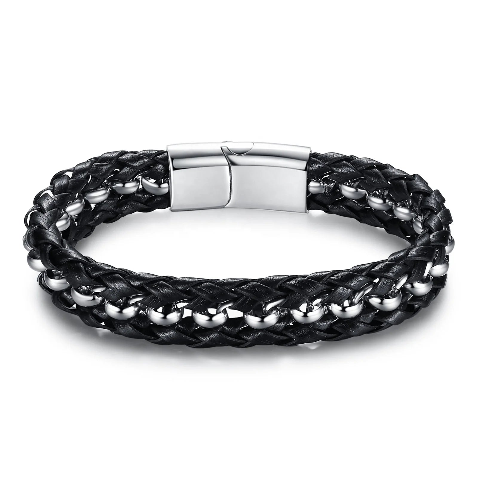 Handmade Men's Fashion Bracelet Braided Stainless Steel with Magnetic Clasp and Leather Accents