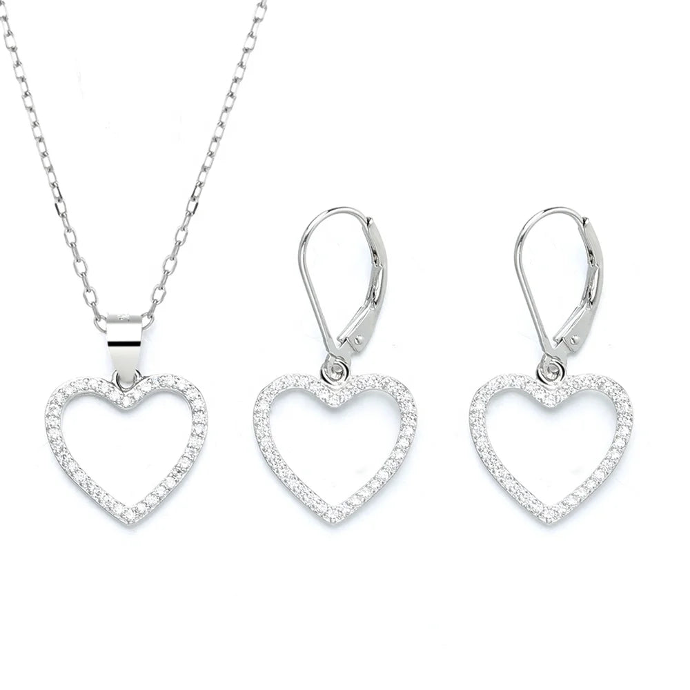 Sterling Silver 925 Christmas Gift Heart-shaped Earrings and Necklace Jewelry