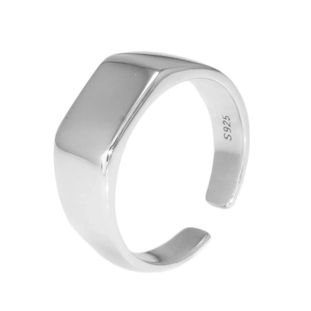 Sterling Silver 925 Rings for Men and Women Simple Fashion Square Opening Adjustable Size Ring Jewelry Hiphop