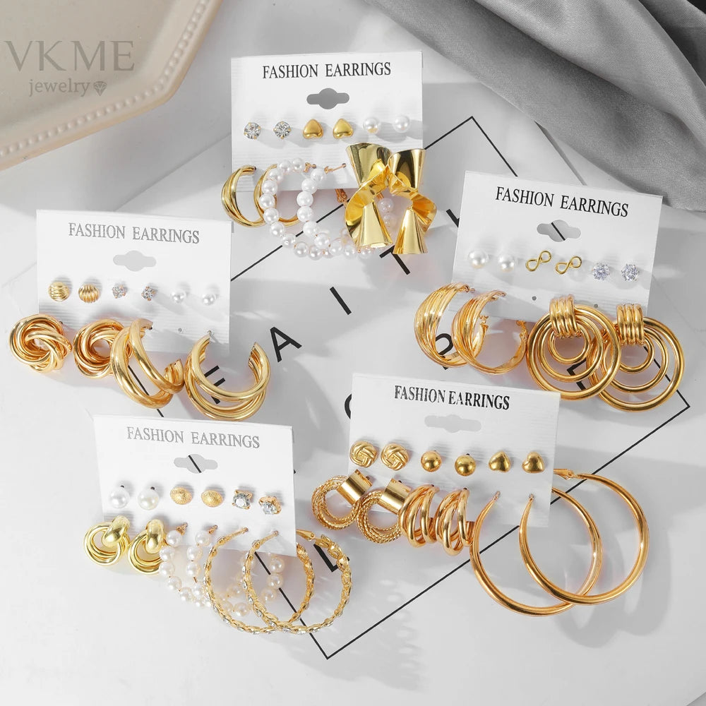 VKME Wholesale Fashion Statement Earrings Women Jewelry Set Korean Gold Plated Pearl Geometric Earrings Set for Women