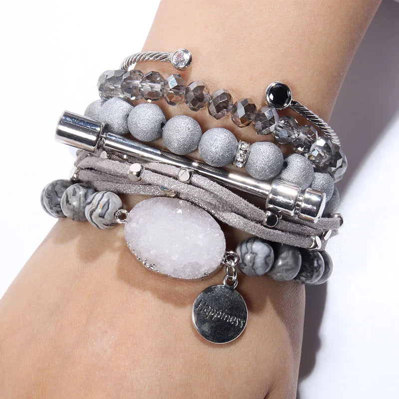 Fashion 6pc Alloy Wire Rose Quartz Bangle Chip Stone Drop Charm Bar Bangle Gold Plated Beads Metal Charm Stack Bracelet Set