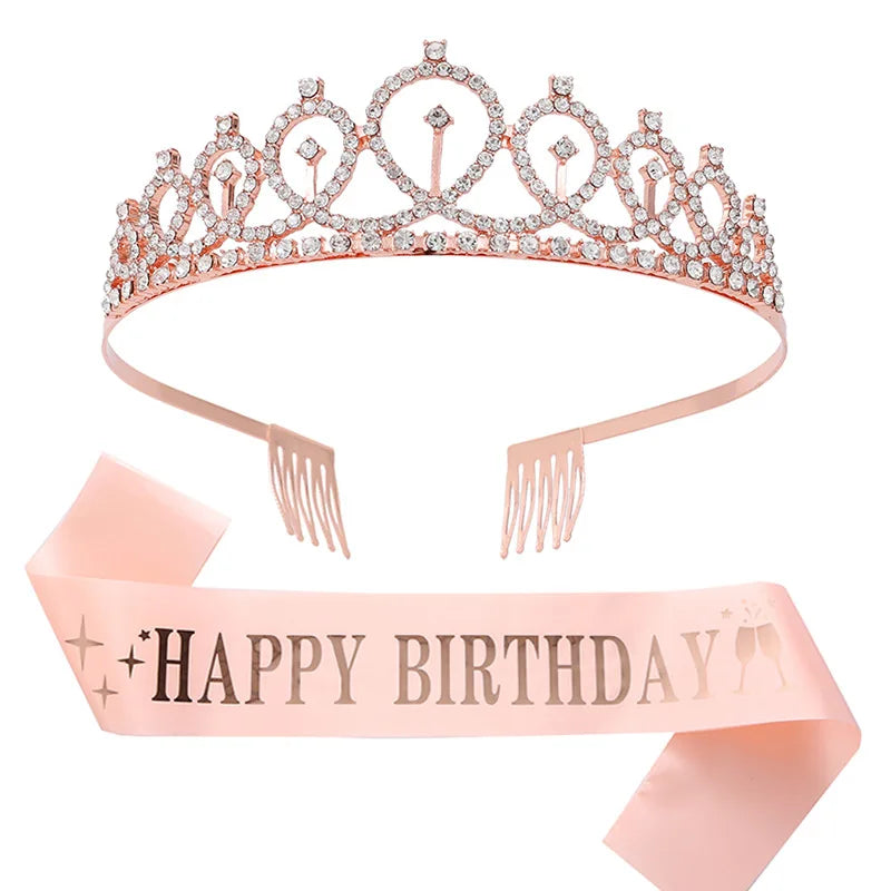 Birthday Diamond Crown Women Hair Tiara With Party Sash Set Happy Birthday Party Hair Crown Set