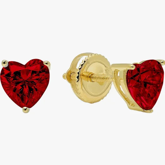 Brilliant Heart Cut Natural Red Garnet Gemstone Pair of Stud Earrings Solid 14k Yellow Gold Screw Back Heart Stud Earring