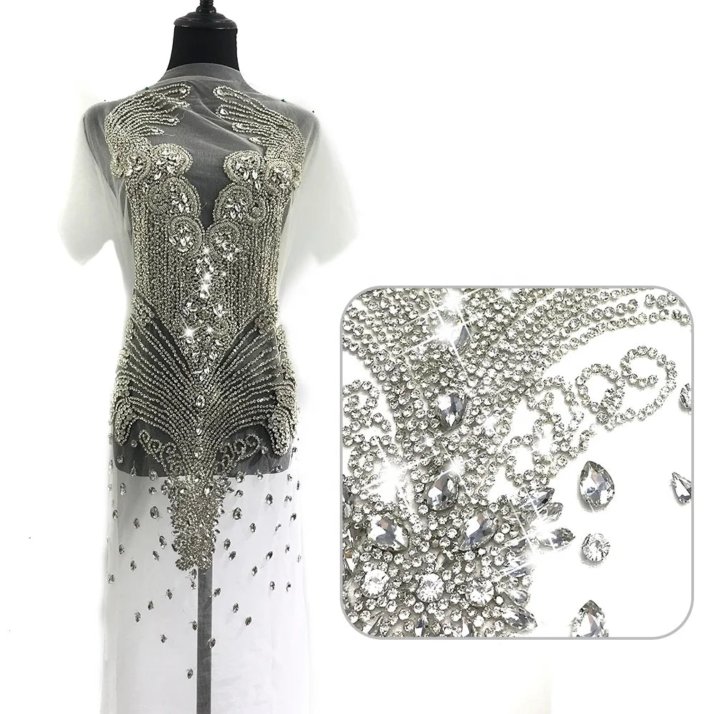 W005 Fancy Beaded Crystal Patch Applique Bodice Lace Bridal Crystal Sequins for Wedding Gowns