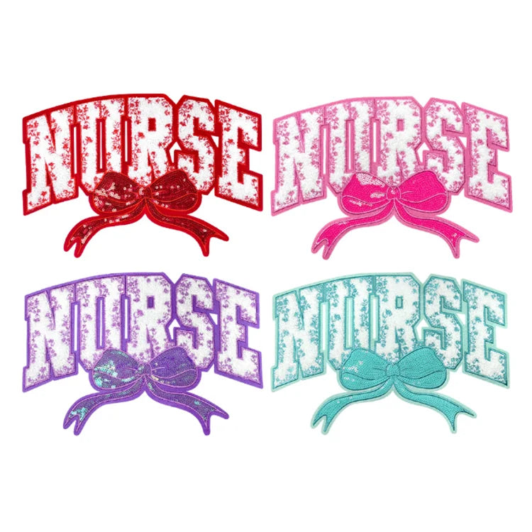New Embroidered Customm Iron on Gold Edge Sequin Bow Nurse Chenille Embroidery Patch for Clothing Hoodie Decoration
