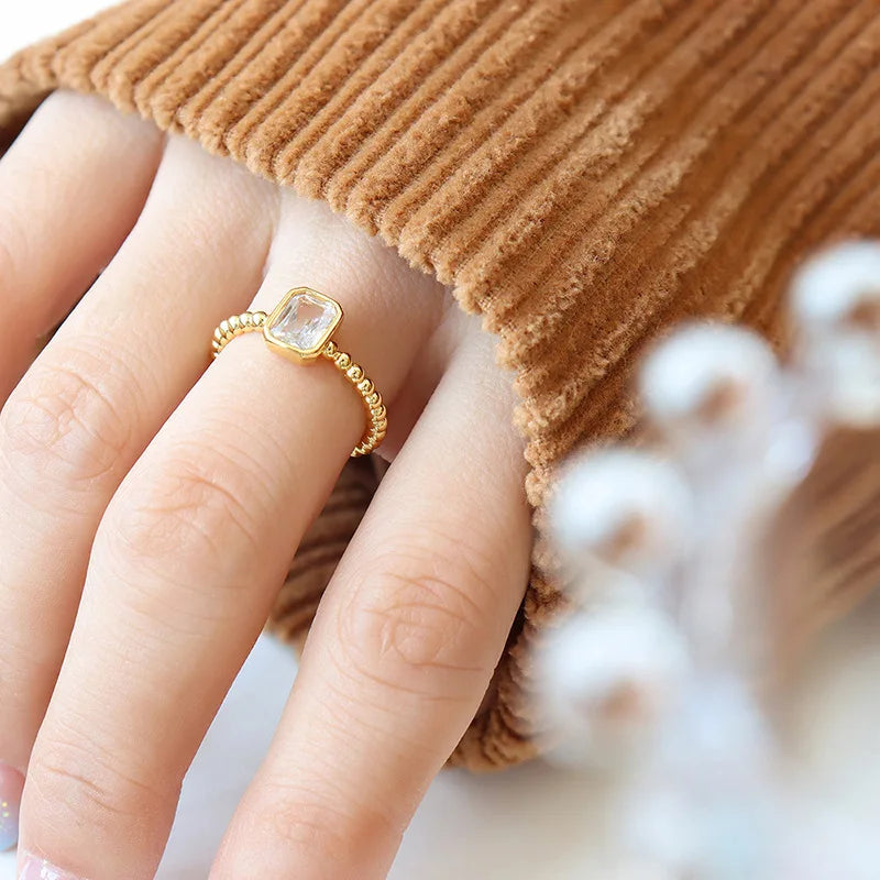 New Arrivals Stainless Steel 18K Real Gold Plating Fashion Square Zircon Open Rings Adjustable for Woman Summer