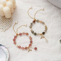 Chic Natural Rutilated Strawberry Quartz Freshwater Pearl Bead Slide Chain Bracelet with CZ Paved Whale Fish Tail Charm