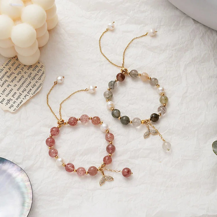 Chic Natural Rutilated Strawberry Quartz Freshwater Pearl Bead Slide Chain Bracelet with CZ Paved Whale Fish Tail Charm