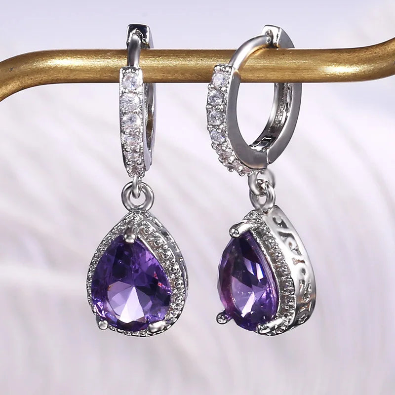 Vintage Gemstone Crystal Geometric Hoop Earrings Purple Bling Cubic Zirconia CZ Water Drop Earrings Women Jewelry