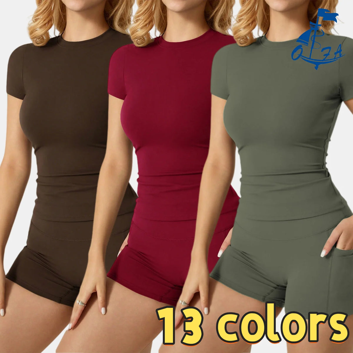 L-8455 Custom Logo Women Yoga Sets Gym Fitness Sets Active Wear Workout Running Clothes Sports Wear Short Sleeve and Shorts Sets MegaBDM
