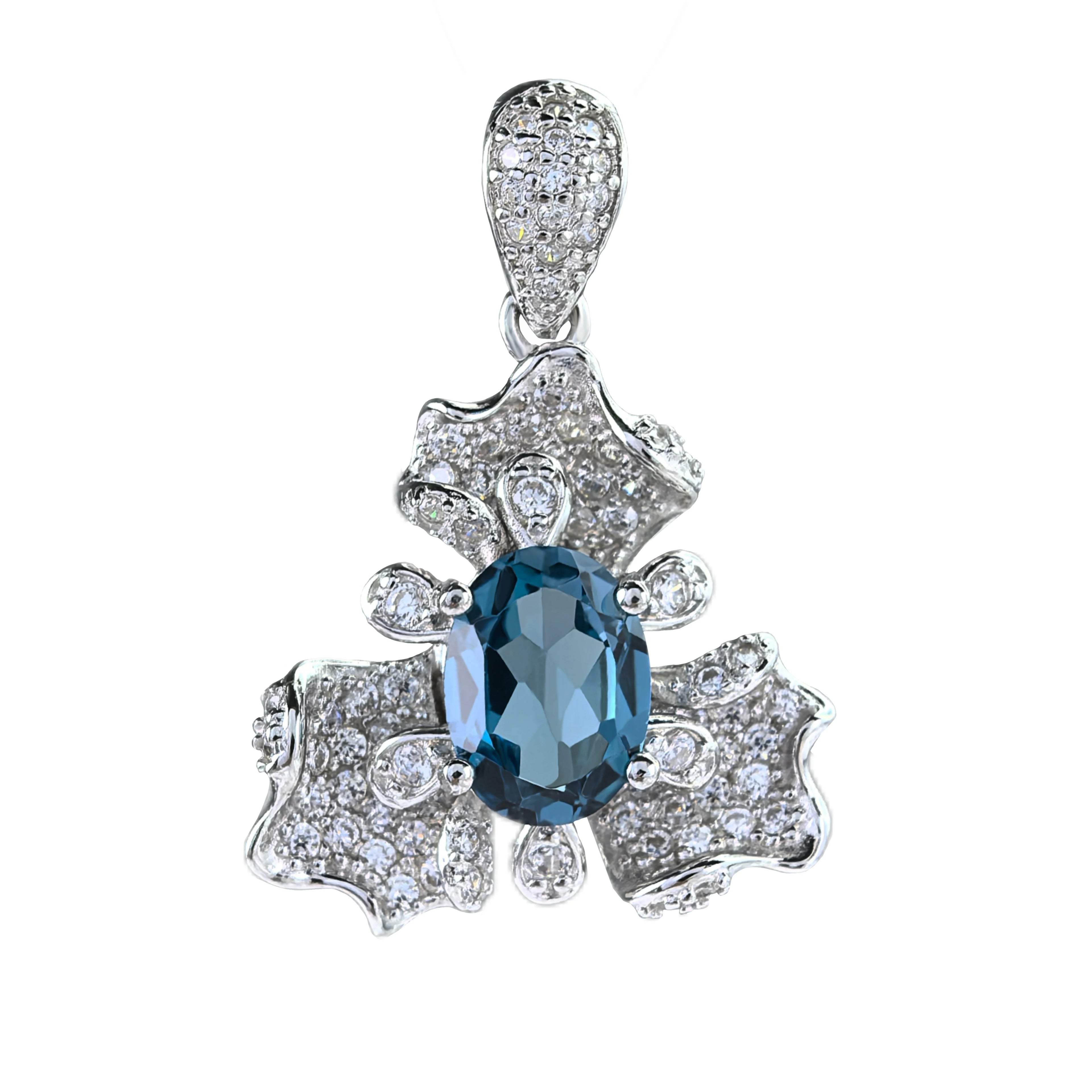 925 Sterling Silver Natural London Blue Topaz Flower Pendant for Women Delicate Rhodium Plated Fine Pendants for Gift Charm