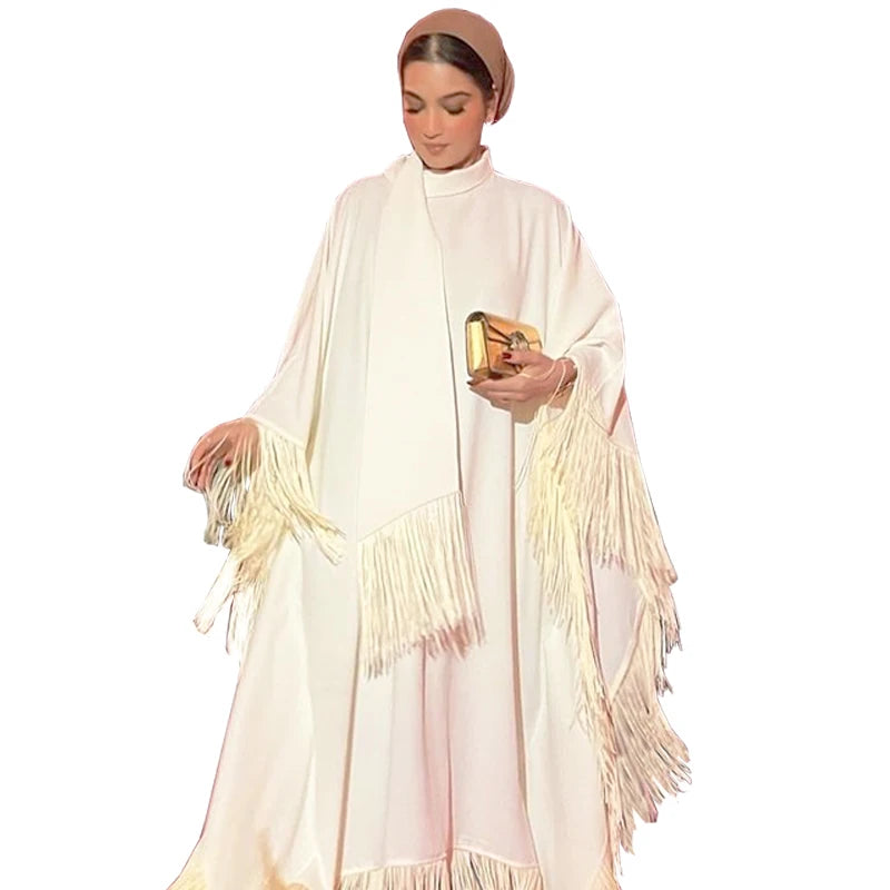 2023 Fashion Muslim Women Batwing Sleeve Tassel Abaya Caftan Kaftan Dress One Size Polyester Evening Gown Party Dress