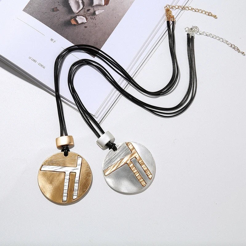 Splice Hammered F Initial Letter Leather Cord Brush Finish Round Pendant Necklace Women Girls Mom Jewelry Gift