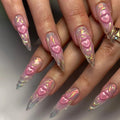 24 Pcs French Style 3D Pink Heart Nail Art Acrylic Press on Nails Artificial Fingernails False Nails 2954