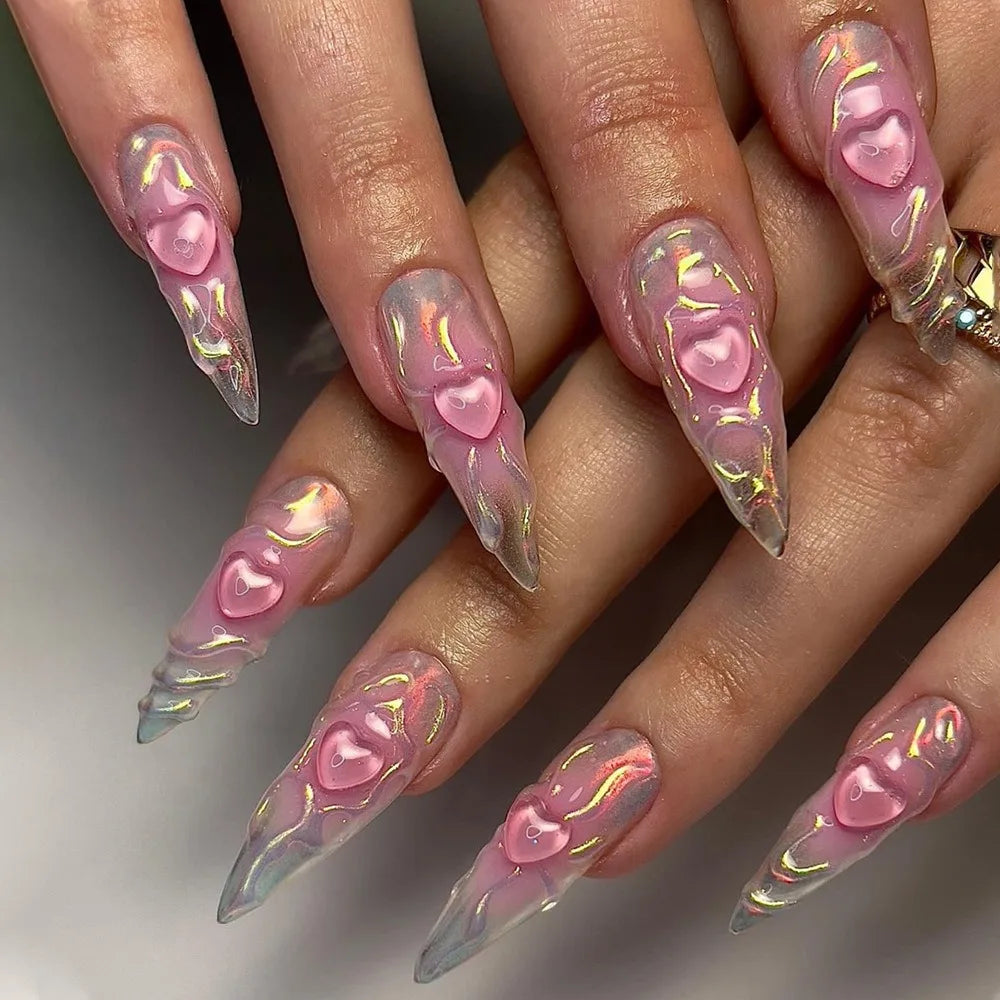 24 Pcs French Style 3D Pink Heart Nail Art Acrylic Press on Nails Artificial Fingernails False Nails 2954