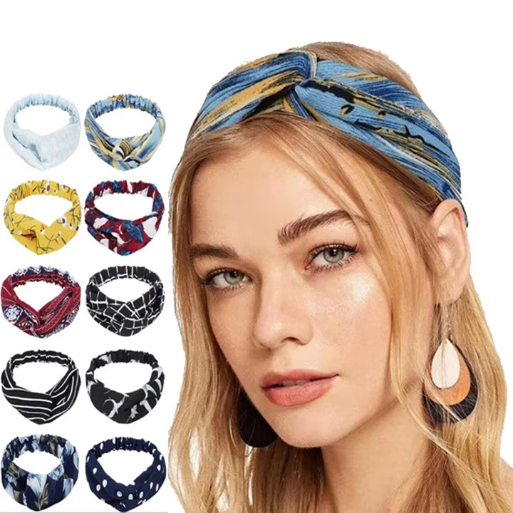 Women Bohemian Floral Pattern Knotted Cross Hair Bands Elegant Vintage Headwear Headband Hair Accessories