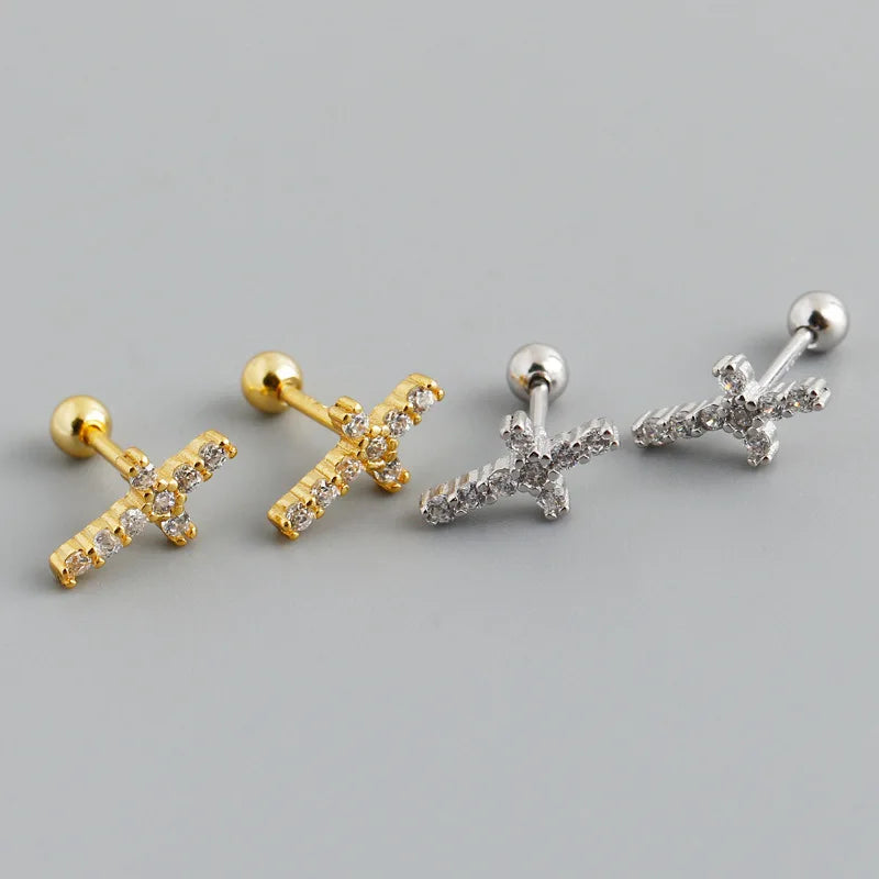Classic Cute Design 925 Sterling Silver Zircon Cross Screw Stud Earrings S925 Girl Women