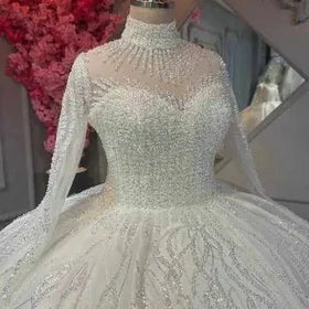 S9271F 2024 New Hot -selling Bride Married Lace Long -sleeved Pearl High -necked Wedding Dress Customization