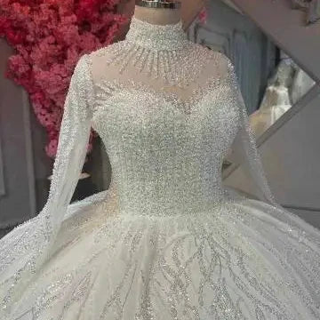 S9271F 2024 New Hot -selling Bride Married Lace Long -sleeved Pearl High -necked Wedding Dress Customization
