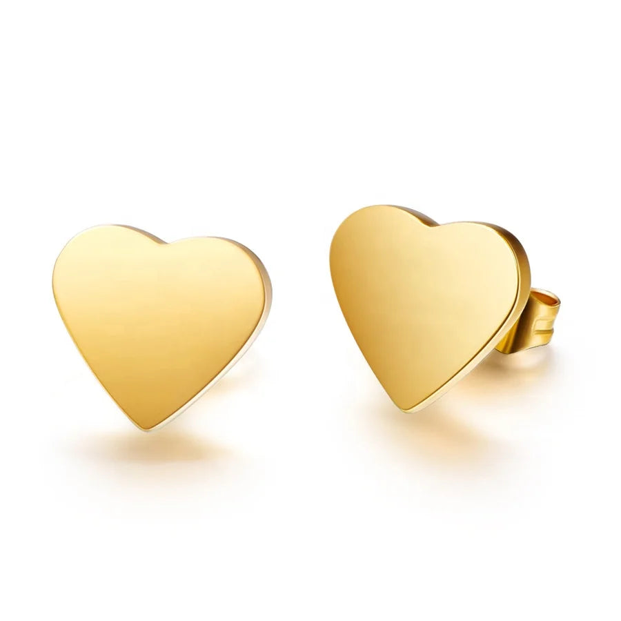 High Polish Classic Gold Plated Engravable Name Letter Heart Stud Earrings Custom Logo Plain Disc Wedding Gift for Women