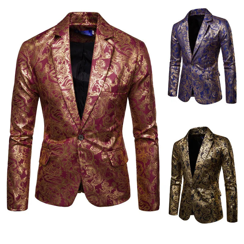 M-3XL Men's Suit Autumn and Winter New Bright Stamping Print Suit Best Man Dress Performance Dress Slim Fashion Top