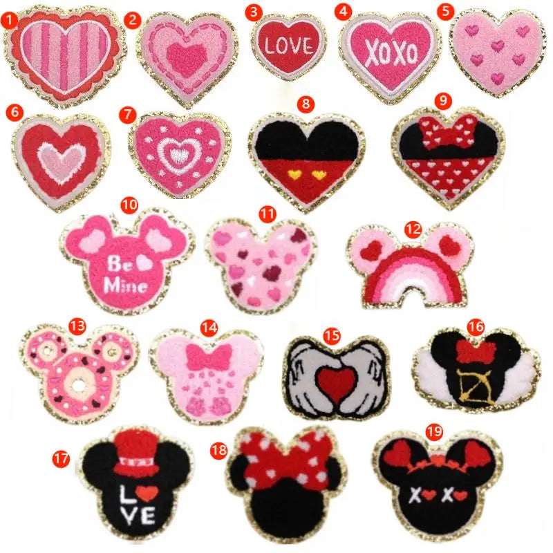 New Pink Style Self Sticker/Iron On/Embroidered Gold Edge  Mouse Ear Heart Patch