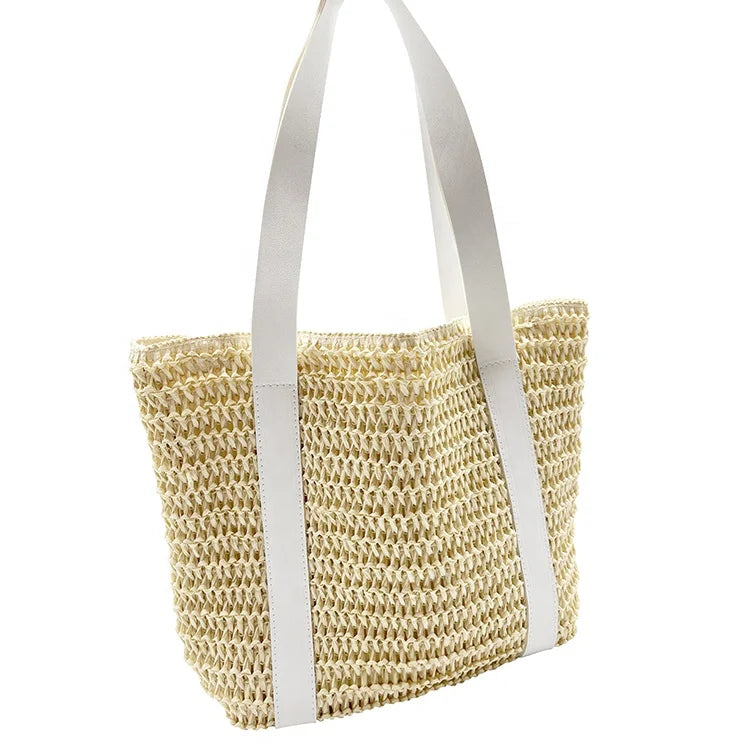 Fashion Summer Beach Travel Eco Natural Paper Straw Crocheted Woven Striped Durable Tote Shoulder Handbag Inner Pocket Canvas