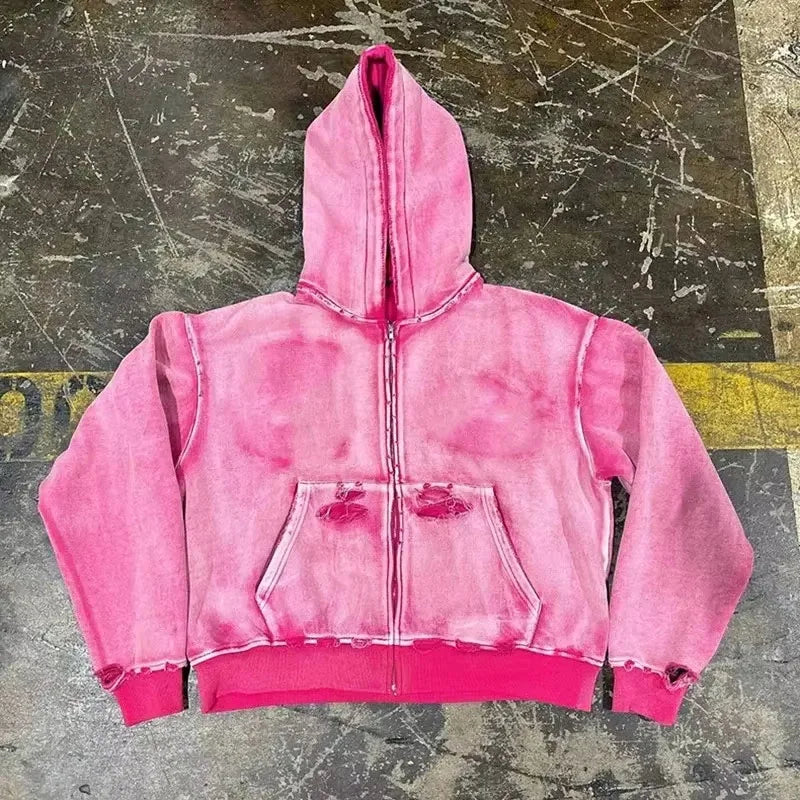 Acid Wash Vintage Hoodie Custom Embroidered Patch Distressed Hoodie French Terry Zip up Heavyweight Hoodie Streetwear Men