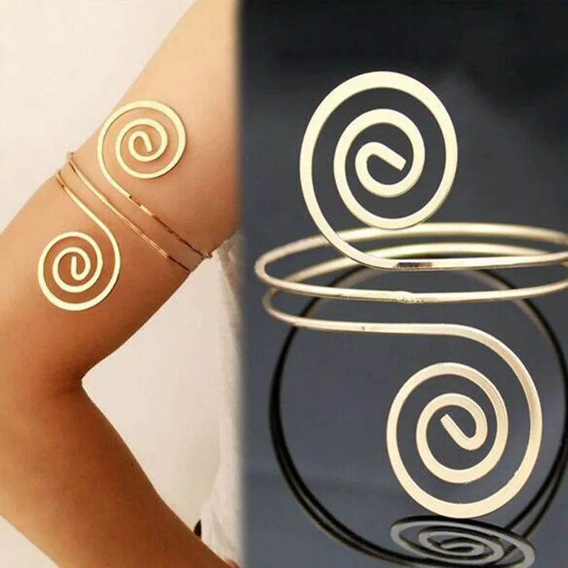 Vintage Fashion Design Geometric Silver and Gold Plated Alloy Open Cuff Bracelet for Women Upper Arm Jewelry