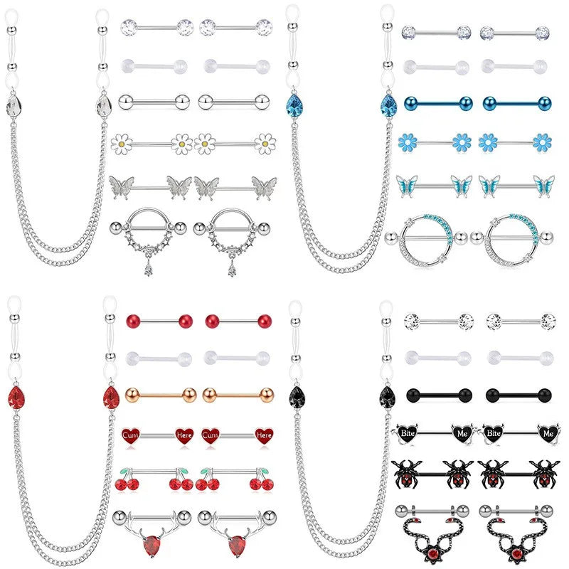 Stainless Steel 14G Nipple Piercing Accessories 13PCS Combination Set for Women Nipple Rings Jewelry