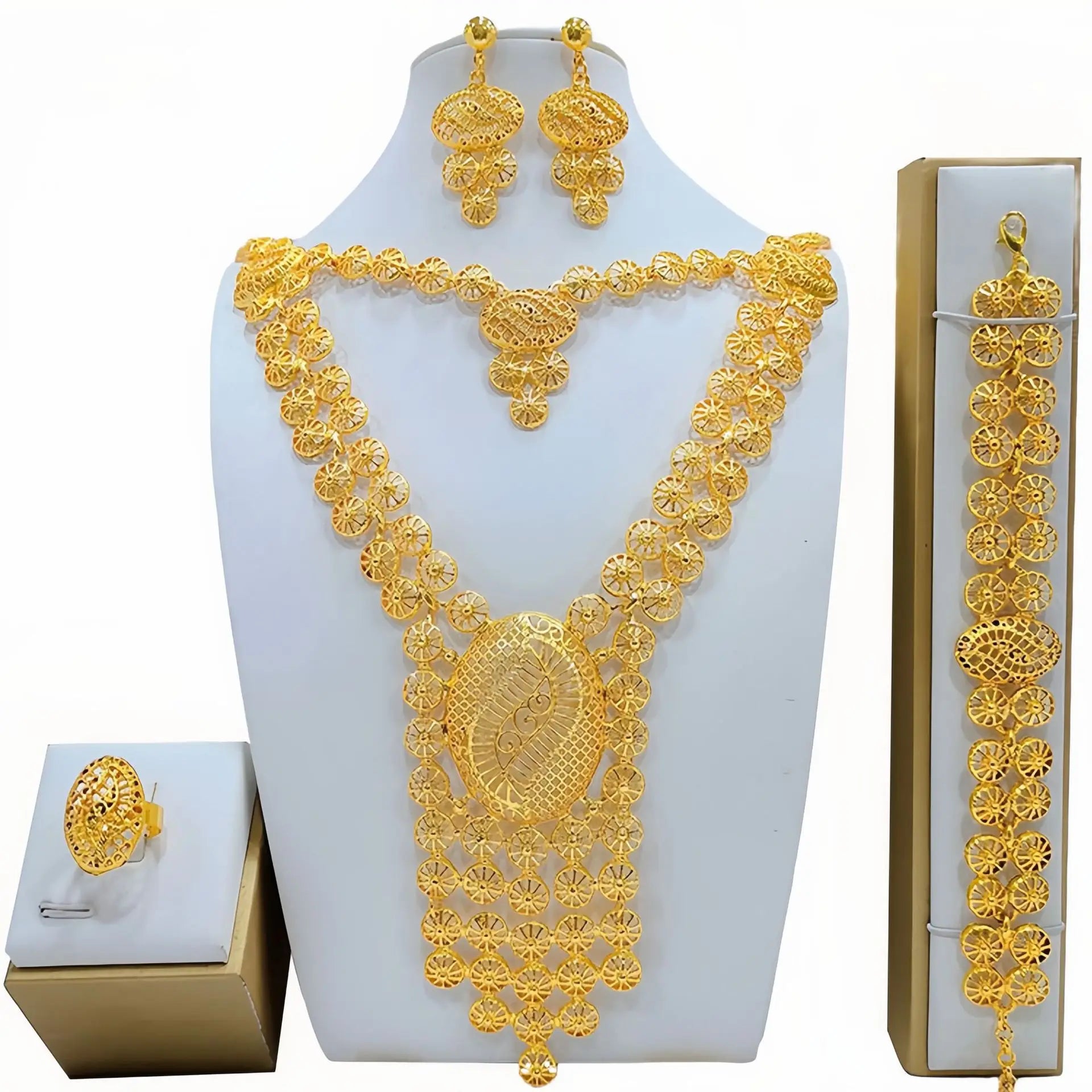 African Design Gold Plated Luxury Dubai Bridal Necklace Bracelet Ring Earring Wedding Collection Flower Jewellery Set