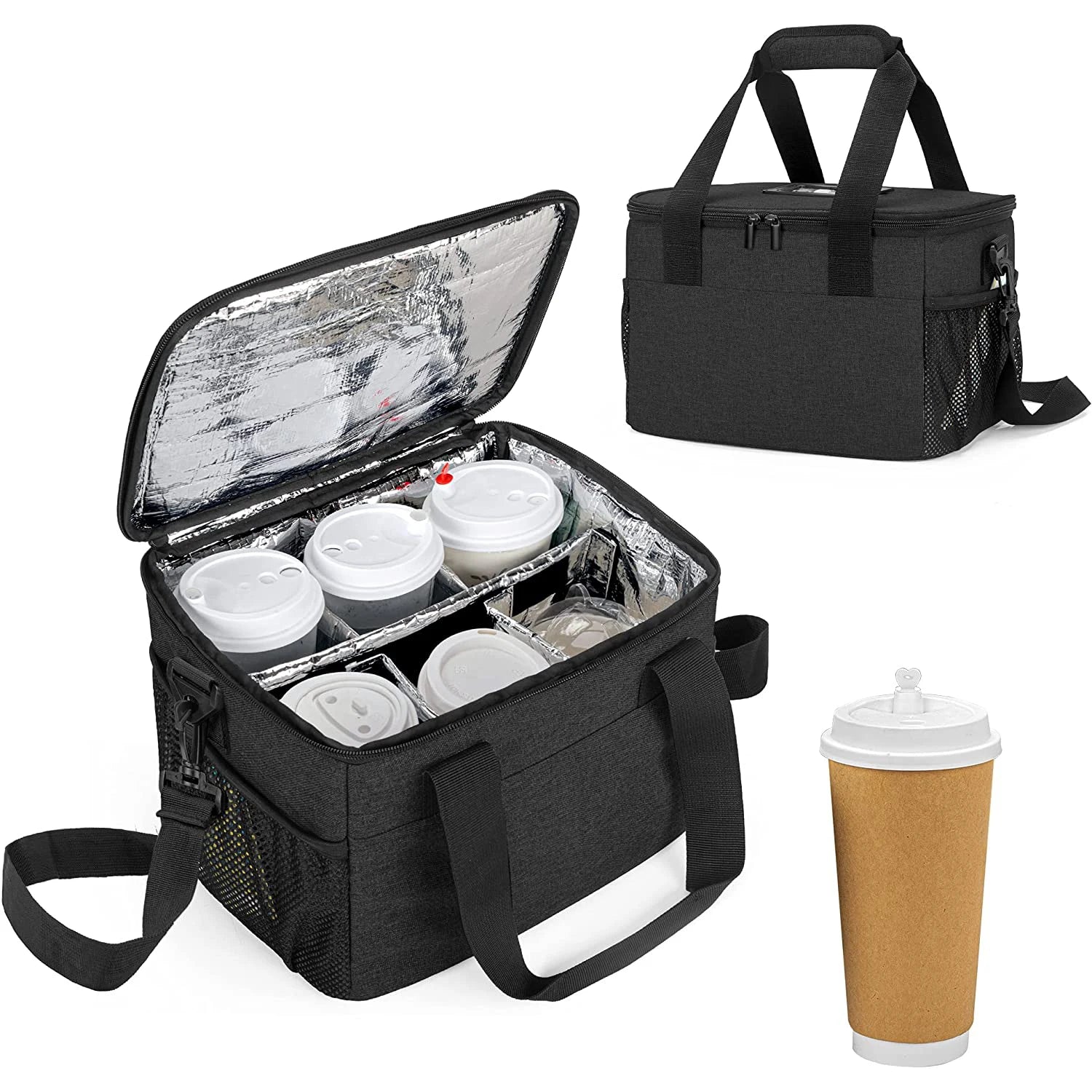 Delivery 600D Oxford Insulated Drink Carrier with Handle Shoulder Strap Adjustable Dividers Outdoor Reusable 6 Cups