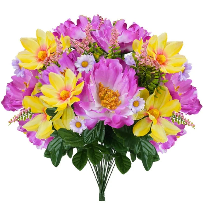Artificial Peony Cosmos Lilac Flowers Spring Purple Flowers with Summer Daisy Bouquet Silk Floral for Vase Table Cemetery Grave