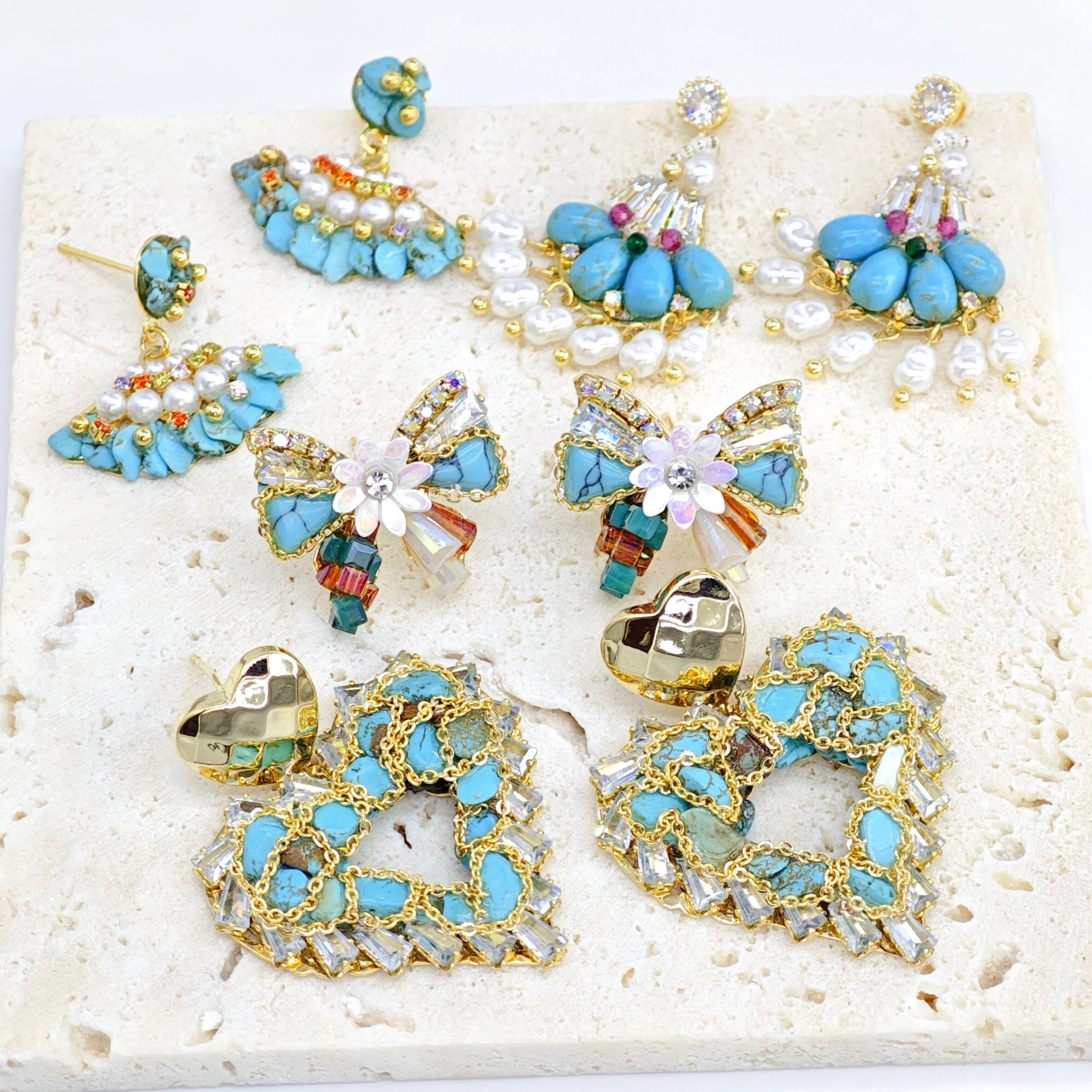 Ilona 18K Gold Plated Copper Turquoise Crystal Statement Earrings Multi-Style Bow Heart Drop Earrings Bohemian Jewelry for Women