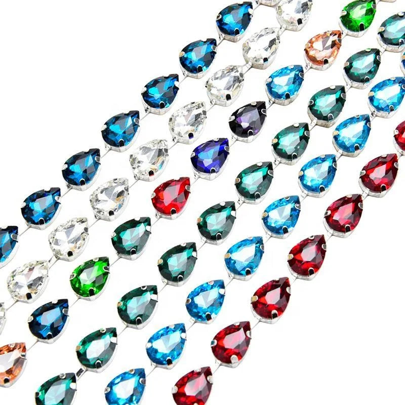 New Handmade Silver Metal 10*14mm Waterdrop Glass Rhinestone Chain Crystal Trim Applique DIY Jewelry Making Clothes Accessories